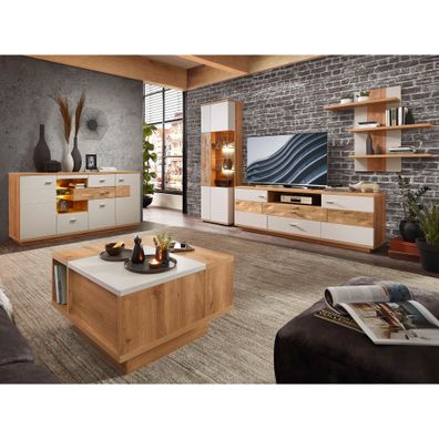 Wohnzimmer Valente 47 lichtgrau matt 5-teilig Vitrine Sideboard LED