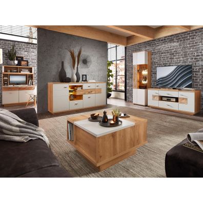 Wohnzimmer Valente 51 lichtgrau matt 5-teilig Vitrine Sideboard LED