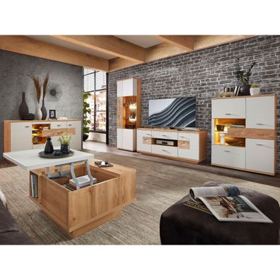 Wohnzimmer Valente 52 lichtgrau matt 5-teilig Vitrine Highboard LED