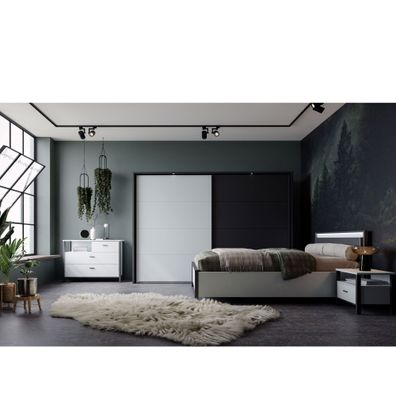 Schlafzimmer Rouven 10 Secret Grey schwarz 5-teilig Nako Kommode LED