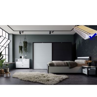 Schlafzimmer Rouven 10K Secret Grey schwarz 9-teilig Rost Matratze LED