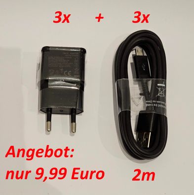 Abverkauf !!! 3x USB-Ladegerät / Reiseadapter + 3x Micro-USB-Ladekabel (2m)