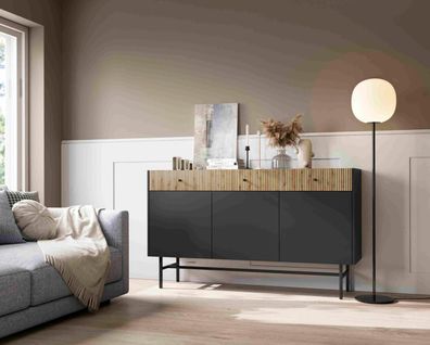 FURNIX Kommode Taylie Sideboard mit drei Schubladen und drei Türen Schwarz Lamellen