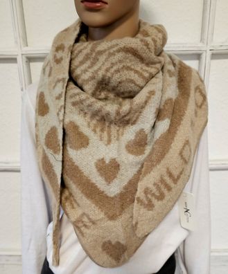 XXL Dreieckstuch Tuch Schal Viskose Wolle Animal/Herzen Schriftzug Beige/Taupe/Grau