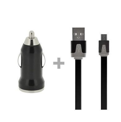 4-OK Flachkabel USB auf Micro-USB mit KFZ-Ladeadapter 24V in Schwarz