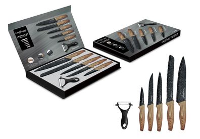 6 teiliges Messerset 5 Messer 1 Sparschäler Kochmesser Holzoptik in Klappbox mit