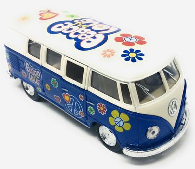 Modellauto T1 Bus Peace and Love 1962 blau / beige Rückziehmotor