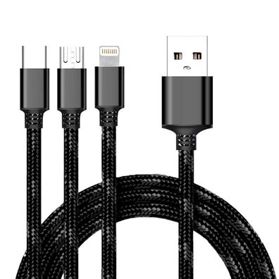 Cyoo 3in1 USB Ladekabel auf Micro USB, USB-C und Lightning - Schwarz