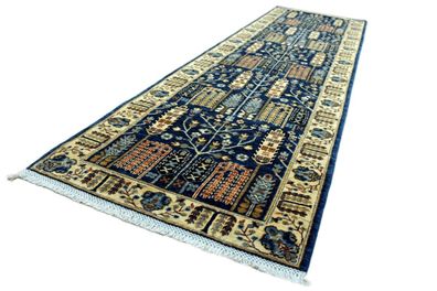 Teppich Orient Läufer Ziegler 85x300 cm 100% Wolle Handgeknüpft Rug blau