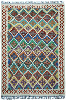 Teppich Afghan Kelim Handgewebt 100% Wolle 150x200 cm Geometrisch Flachgewebe