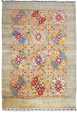 Teppich Orient Kazak 150x200 cm 100% Wolle Handgeknüpft Rug Tapis beige rot gelb