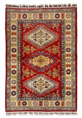 Teppich Orient Kazak 100x137 cm 100% Wolle Handgeknüpft Rug Carpet rot beige