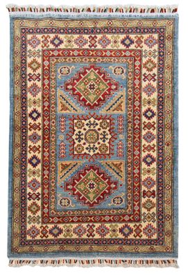 Teppich Orient Kazak 100x140 cm 100% Wolle Handgeknüpft Carpet rot creme blau