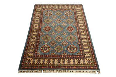 Teppich Orient Kazak 150x200 cm 100% Wolle Handgeknüpft Rug Tapis beige rot blau