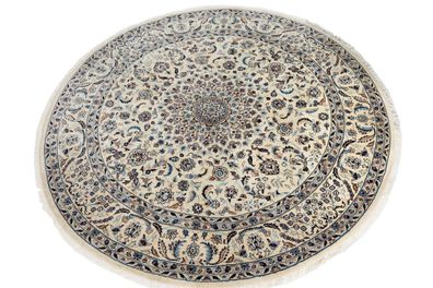 Teppich Orient Nain Royal Rund 250x250 cm 100% Wolle Handgeknüpft Rug creme blau