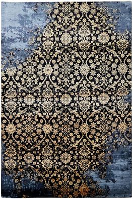 Designer Teppich 200x300 cm Wolle Bambus Seide Handgeknüpft schwarz grau gold