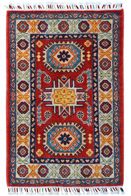 Teppich Orient Kazak Brücke 60x90 cm 100% Wolle Handgeknüpft Tapetto rot blau