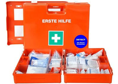 Betriebsverbandkoffer MULTI detect DIN 13169:2021-11 Orange mit Wandhalterung