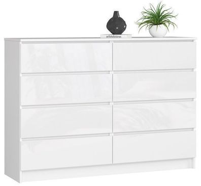 Kommode AKORD K140 Weiß 138 cm 8 Schubladen Front Weiß Hochglanz B138 x H99 x T40 cm