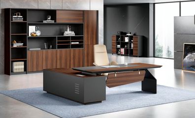 Braun-Grauer Eckschreibtisch Luxuriöser Designer Holz Arbeitsschrank