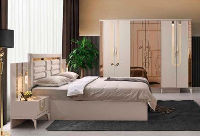 Schlafzimmer 4Tlg Set Bett Nachttische Kleiderschrank Beige Einfarbig Modern