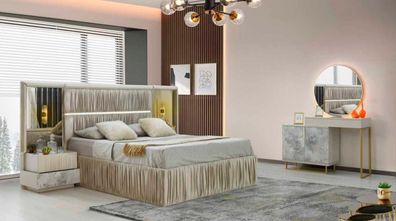 Schlafzimmer-Set 4Tlg Beige Bett Nachttische Schminktisch Mit Spiegel Modern