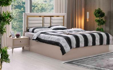 Schlafzimmer 3Tlg Set Doppelbett Nahcttische Beige Einfarbig Modern Rechteckig