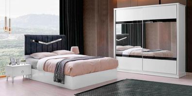 Schlafzimmer-Set Weiß Einfarbig 4Tlg Bett Nachttische Kleiderschrank Modern Stil