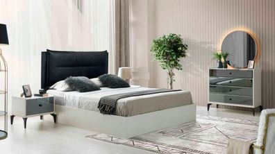 Schlafzimmer-Set 4Tlg Weiß Schwarz Bett Kommode Mit Spiegel Nachttische