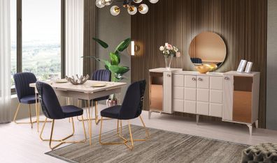 Esszimmer-Set 6Tlg Beige Esstisch Stühle Sideboard Mit Spiegel Modern Design