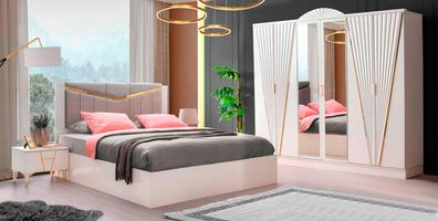Komplett Schlafzimmer Set Bett Nachttische Kleiderschrank 4Tlg Modern Weiß