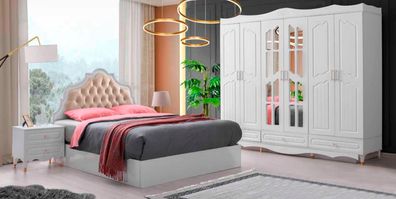 Schlafzimmer-Set 4Tlg Klassisch Bett Nachttische Kleiderschrank Rechteck Modern