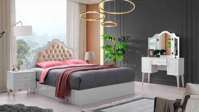 Schlafzimmer-Set 4Tlg Klassisch Bett Nachttische Schminktisch Weiß Einfarbig