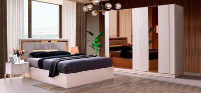 Schlafzimmer Komplett Set 4Tlg Bett Nachttische Kleiderschrank Weiß Gold