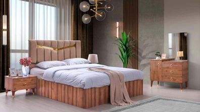 Schlafzimmer-Set 4Tlg Bett Nachttische Schminktisch Mit Spiegel Braun Einfarbig
