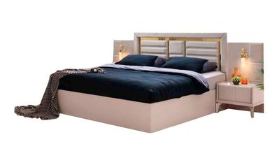 Schlafzimmer-Set Bett 2X Nachttische Beige Einfarbing Modern Design Stil