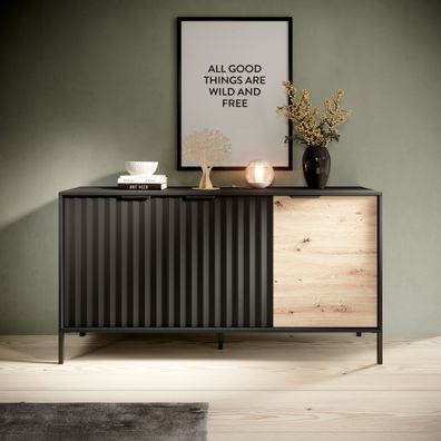 FURNIX Sideboard RAVIN 153 3D Kommode 3 Flügeltüren Schwarz/ Eiche Artisan