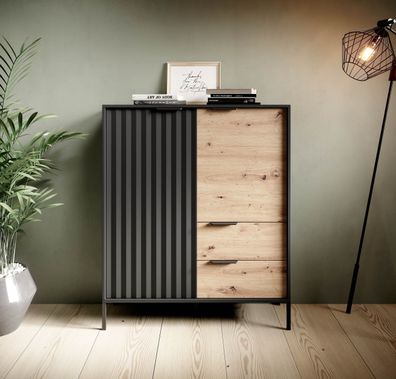 FURNIX Sideboard RAVIN 2D2S Kommode Flügeltüren Schubladen Schwarz/ Eiche Artisan