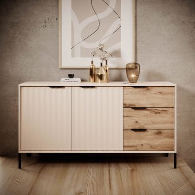 FURNIX Sideboard RAVIN 153 2D3S Kommode Flügeltüren Schubladen Beige/ Eiche Viking