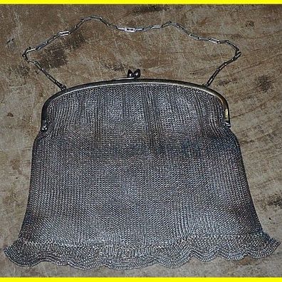 Alte geflochtene Handtasche aus Alpacca Silber - 436g - mit 2 blauen Steinen