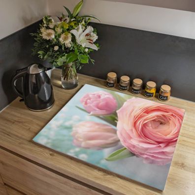 banjado® Herdabdeckung aus gehärtetem Glas einteilig Motiv Rosa Tulpe