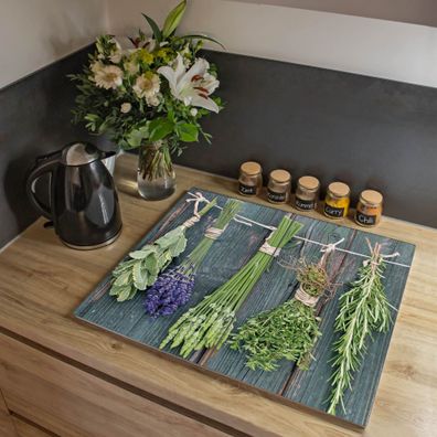 banjado® Herdabdeckung aus Glas zweiteilig je 45x52cm Motiv Acht Kräuter