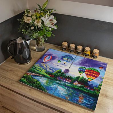 banjado® Herdabdeckung aus gehärtetem Glas zweiteilig Motiv Ballons In Lila Wolken