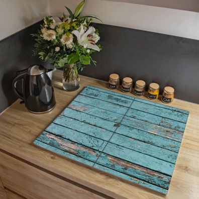 banjado® Herdabdeckung aus gehärtetem Glas zweiteilig Motiv Blaue Holzlatten