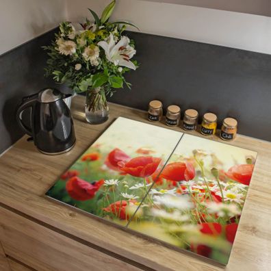 banjado® Herdabdeckung aus Glas zweiteilig je 35x52cm Motiv Kamille Und Mohn