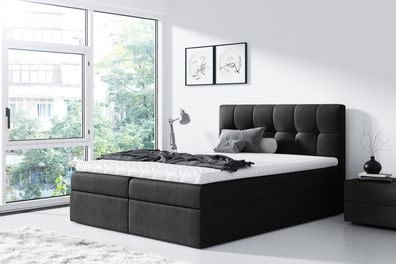 FURNIX Boxspringbett RICKIE 140x200 mit Bettkasten und Topper SR100 dunkelgrau