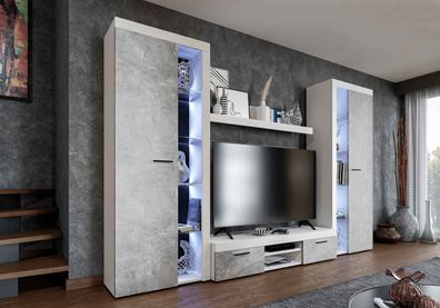 FURNIX Mediawand Alvor XL Wohnwand TV-Schrank Vitrine 4-tlg. 300 cm breit Weiß/Beton