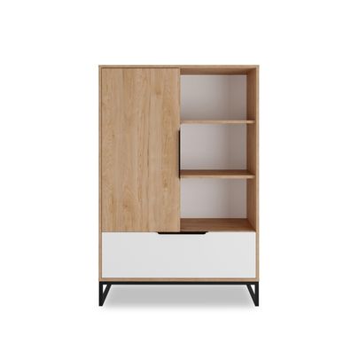 FURNIX Highboard LENDRI R1D1SZ Regal mit Metallgestell Schublade Tür Hickory/Weiß