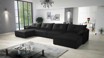 FURNIX Ecksofa in U-Form ELONE Polstercouch Schlaffunktion und Kissen RL31 Schwarz