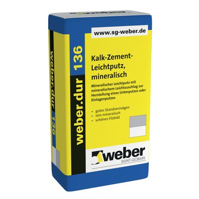 weber. dur 136 Kalk-Zement Leichtputz 30kg mineralisch, 1mm, naturgrau